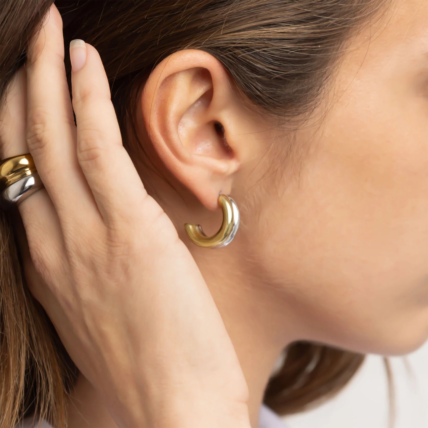 Mixed Metal Side By Side Huggie Earrings